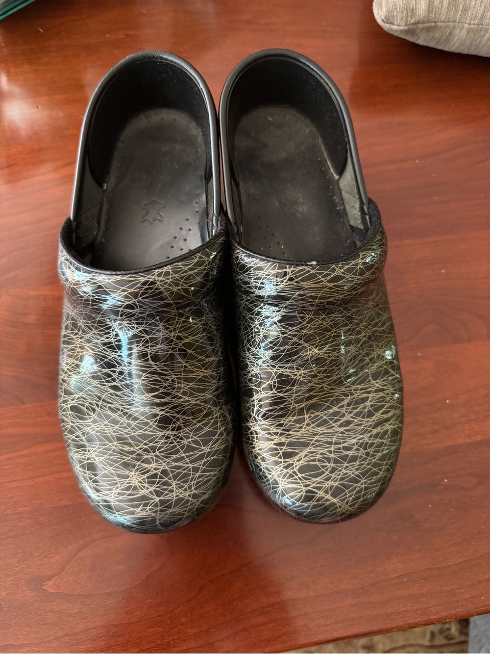 Dansko Black Patent Mules with Gold Scribble Design